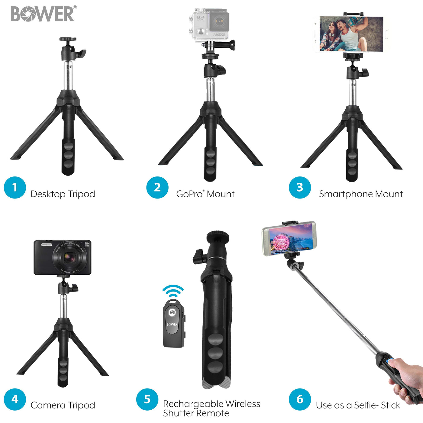 6-In-1 Tripod for Smartphone & Gopro, with Rechargeable Wireless Remote